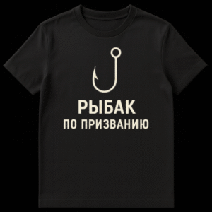 Cream colored minimalist fishing hook design with Russian text 'РЫБАК ПО ПРИЗВАНИЮ' on a t-shirt mockup on Black t-shirt