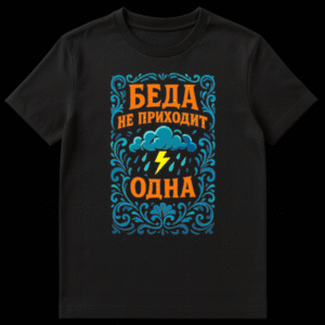 Close-up of a t-shirt featuring vibrant orange Cyrillic text "БЕДА НЕ ПРИХОДИТ ОДНА" framed by blue and teal floral borders, with stormy sky elements like clouds, raindrops, and a lightning bolt. on Black t-shirt
