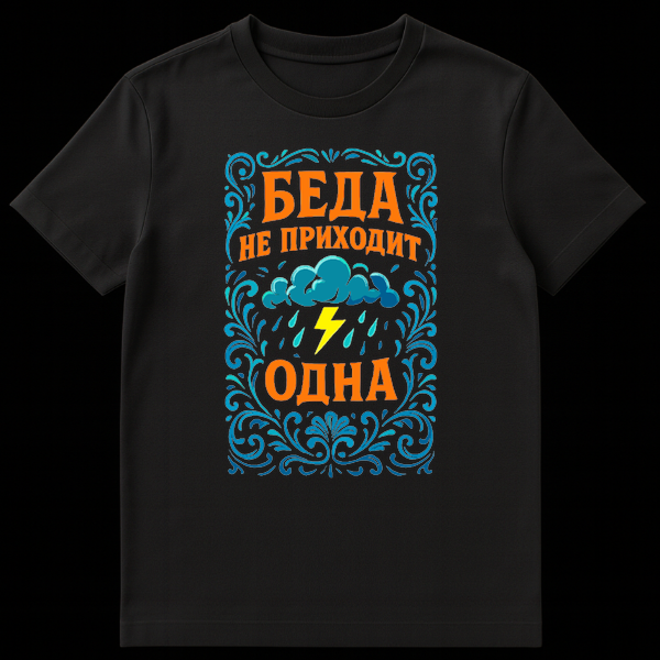 Close-up of a t-shirt featuring vibrant orange Cyrillic text "БЕДА НЕ ПРИХОДИТ ОДНА" framed by blue and teal floral borders, with stormy sky elements like clouds, raindrops, and a lightning bolt. on Black t-shirt