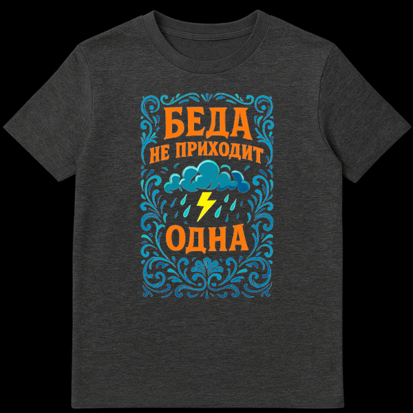 Close-up of a t-shirt featuring vibrant orange Cyrillic text "БЕДА НЕ ПРИХОДИТ ОДНА" framed by blue and teal floral borders, with stormy sky elements like clouds, raindrops, and a lightning bolt. on Dark Heather t-shirt