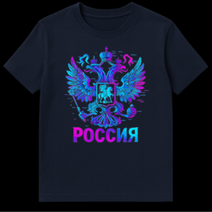 A t-shirt mockup displaying a vibrant glitch-art Russian double-headed eagle in neon pink and blue, with pixelated 'РОССИЯ' (Russia) text below it. on Navy Blue t-shirt