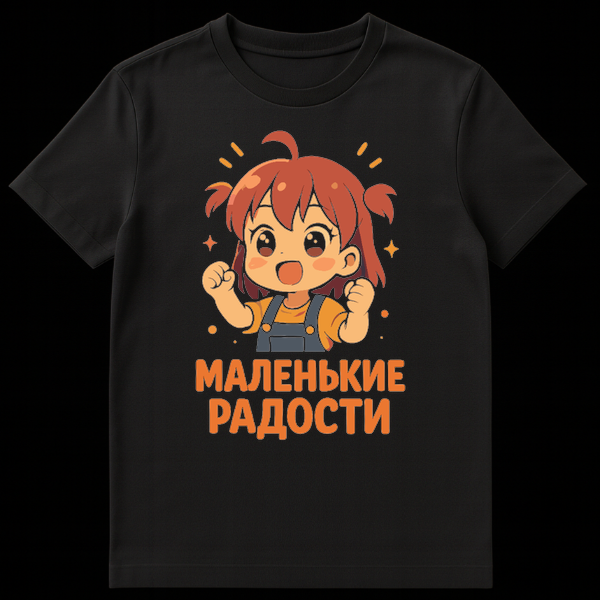 T-shirt featuring a cheerful anime girl with pigtails and overalls, surrounded by sparkles, with the orange Russian text 'МАЛЕНЬКИЕ РАДОСТИ' (Little Joys) below her. on Black t-shirt