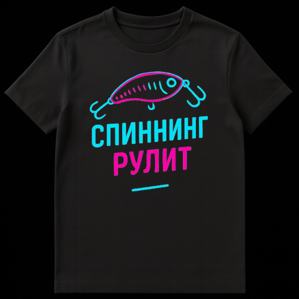 T-shirt mockup featuring a neon-style fishing lure with hooks and the Russian text 'СПИННИНГ' in cyan and 'РУЛИТ' in magenta, on a dark background. on Black t-shirt