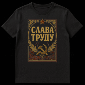Front view of a black t-shirt featuring a vintage Soviet propaganda-style design with a gold ornate frame, a red star, and the gold Cyrillic text "СЛАВА ТРУДУ" (Glory to Labor). on Black t-shirt