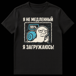A white t-shirt featuring a distressed cartoon design of a grumpy white snail with a blue shell, giving the middle finger. Above the snail, a blue box displays "99%". The text "Я НЕ МЕДЛЕННЫЙ" (I AM NOT SLOW) is at the top, and "Я ЗАГРУЖАЮСЬ!" (I AM LOADING!) is at the bottom. The design is framed by a distressed rectangular border. on Black t-shirt