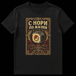 Close-up of a t-shirt featuring a central sushi roll illustration framed by ornate gold and red Art Nouveau-inspired scrollwork. The style is vintage, with a hand-drawn, textured look. The Cyrillic text 'С НОРИ ПО ЖИЗНИ' is visible below the sushi. on Black t-shirt