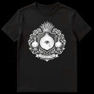 Monochrome t-shirt with an ornate heraldic crest. The crest features a central shield with a crying onion, flanked by smaller onions and swirling foliage. A banner below reads 'LUKOVOE GORE'. on Black t-shirt