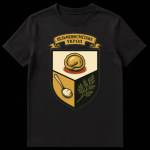 Vintage woodcut style t-shirt design featuring a culinary crest with pelmeni, a spoon with sour cream, and a sprig of dill, with a golden banner reading 'Dumplings, Sour Cream, Dill' in Cyrillic. on Black t-shirt