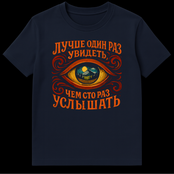 Close-up of a rustic, illustrative t-shirt design featuring a stylized eye with a landscape inside its pupil, surrounded by swirling lines, in warm orange, yellow, and blue colors. Russian text is visible below the eye. on navy blue t-shirt