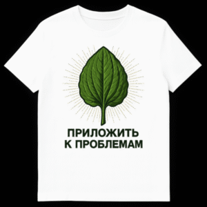 A t-shirt mockup showcasing a detailed vintage-style green plantain leaf with radiating light lines and the Russian text 'ПРИЛОЖИТЬ К ПРОБЛЕМАМ' (Apply to problems) below it. on White t-shirt