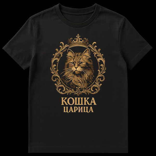 Golden ornate design of a regal cat's head within a crowned frame on a t-shirt, with Russian text 'KOSHKA TSARITSA' below. on black t-shirt