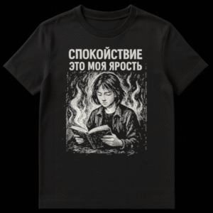 Monochrome woodcut-style t-shirt featuring a person intently reading a book with smoke emanating, text above reads 'CALM IS MY FURY' on Black t-shirt