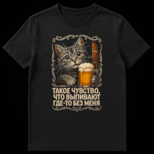 A t-shirt mockup showcasing a design of a realistic, wide-eyed tabby cat peeking from behind a brick wall, holding a frothy mug of beer, framed by an ornate vintage border. Russian text is below the image. on Black t-shirt