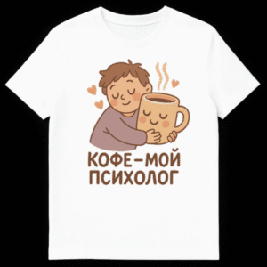 White t-shirt mockup showing a cute cartoon person hugging a smiling coffee mug, surrounded by hearts and steam, with the Russian text "КОФЕ-МОЙ ПСИХОЛОГ" below. on White t-shirt