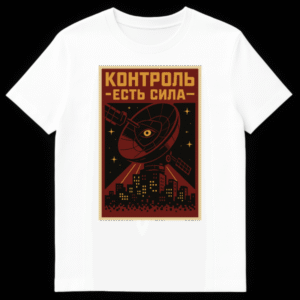Retro-futuristic Russian T-shirt design featuring a large satellite dish with an all-seeing eye, hovering over a dark cityscape, with light rays and stars. The text 'КОНТРОЛЬ -ЕСТЬ СИЛА-' (CONTROL -IS POWER-) is in gold Cyrillic. on White t-shirt