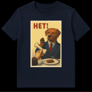 T-shirt with a vintage propaganda style graphic of a dog in a suit and red tie, rejecting a bone for a steak, with bold red Russian text 'HET!' (NO!) at the top. on Navy Blue t-shirt