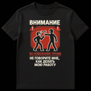 Mockup of a t-shirt featuring a vintage-style Russian warning sign with a red background, black figures, and Russian text warning against unsolicited advice. on Black t-shirt