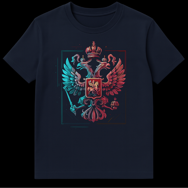 A t-shirt featuring a stylized, vibrant Russian double-headed eagle emblem with a modern, neon-like glow. The left side is cyan/teal, the right is red/pink, showcasing a contemporary digital art aesthetic with layered lines and a subtle sketch-like border. on navy blue t-shirt