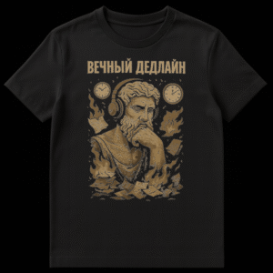 Distressed pixelated Greek bust wearing headphones on a t-shirt, surrounded by burning papers and clocks. Vintage grunge style with Cyrillic text 'Eternal Deadline'. on Black t-shirt