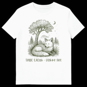 Close-up of a black t-shirt featuring a monochromatic olive-green woodcut style illustration of a fox resting in tall grass under a large tree, with distant mountains, a crescent moon, and stars. Below the illustration, the Russian text 'ТИШЕ ЕДЕШЬ - ГЛУБЖЕ ЛЕС' is visible in a distressed blocky font. on White t-shirt