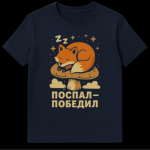 A white t-shirt featuring a rustic hand-drawn design of a cute sleepy fox curled up on a mushroom, surrounded by stars and 'Zz' symbols, with the Russian text 'ПОСПАЛ - ПОБЕДИЛ' below. on Navy Blue t-shirt