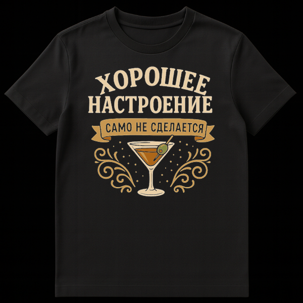 Vintage style Russian T-shirt with martini glass, golden swirls, and text "Good Mood" and "It won't make itself" in Cyrillic. on Black t-shirt