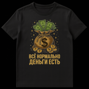 Black t-shirt with a vintage-style illustration of a brown money bag overflowing with green dollar bills and gold coins. A large dollar sign is on the bag, and the background is black with golden star sparkles. Below the image, Russian text reads 'ВСЁ НОРМАЛЬНО ДЕНЬГИ ЕСТЬ'. on Black t-shirt