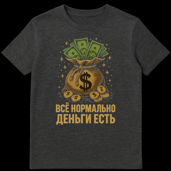 Black t-shirt with a vintage-style illustration of a brown money bag overflowing with green dollar bills and gold coins. A large dollar sign is on the bag, and the background is black with golden star sparkles. Below the image, Russian text reads 'ВСЁ НОРМАЛЬНО ДЕНЬГИ ЕСТЬ'. on Dark Heather t-shirt
