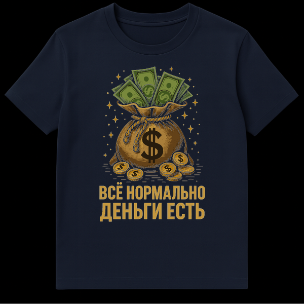 Black t-shirt with a vintage-style illustration of a brown money bag overflowing with green dollar bills and gold coins. A large dollar sign is on the bag, and the background is black with golden star sparkles. Below the image, Russian text reads 'ВСЁ НОРМАЛЬНО ДЕНЬГИ ЕСТЬ'. on Navy Blue t-shirt