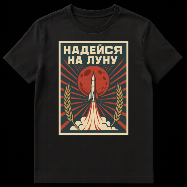 Retro Soviet propaganda style t-shirt design showing a rocket launching towards a red moon with radiating sunbeams against a dark teal background. Golden wheat stalks frame the bottom. White Cyrillic text at the top reads 'НАДЕЙСЯ НА ЛУНУ'. on Black t-shirt
