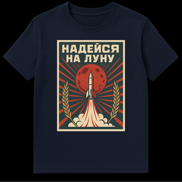 Retro Soviet propaganda style t-shirt design showing a rocket launching towards a red moon with radiating sunbeams against a dark teal background. Golden wheat stalks frame the bottom. White Cyrillic text at the top reads 'НАДЕЙСЯ НА ЛУНУ'. on Navy Blue t-shirt