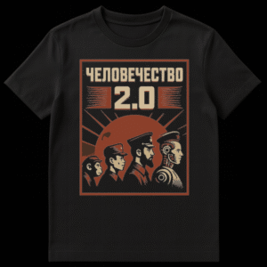 Retro-futuristic t-shirt in Soviet propaganda style showing evolution from monkey to human, soldier, and cyborg, silhouetted against a rising sun in black, dark red, and beige. Cyrillic text 'ЧЕЛОВЕЧЕСТВО 2.0' is at the top. on Black t-shirt