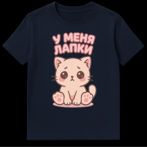 A light pink t-shirt featuring a cute, sad-eyed chibi cat sitting with blush cheeks. Above it is the Russian text "У МЕНЯ ЛАПКИ" in a bubbly pink font with a dark outline. on Navy Blue t-shirt