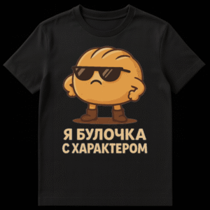 White t-shirt featuring a cute, confident cartoon bun wearing sunglasses with fists on hips, and Russian text 'Я БУЛОЧКА С ХАРАКТЕРОМ' below. on Black t-shirt