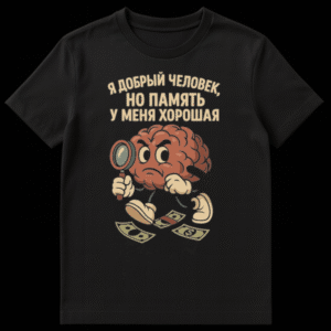 Grumpy cartoon brain character in vintage rubber hose style, holding a magnifying glass over scattered money, with Russian text on a t-shirt. on Black t-shirt
