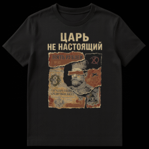 A t-shirt featuring a distressed vintage-style collage design resembling an old Russian banknote. It shows a partially obscured crowned Tsar with a blindfold, a crossed-out hammer and sickle, and an Illuminati-like eye in a pyramid. Text includes 'ЦАРЬ НЕ НАСТОЯЩИЙ' (TSAR IS NOT REAL), 'ПЯТЬ РУБЛЕЙ', '1877', and 'ГОСУДАРСТВЕННЫЙ КРЕДИТНЫЙ БИЛЕТ'. The color palette is muted browns, golds, and reds, giving it an aged, grunge aesthetic. on Black t-shirt