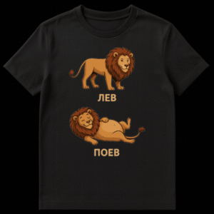 White t-shirt featuring two cartoon lions. The top lion stands with 'LEV', the bottom lion is belly-up with 'POEV'. on Black t-shirt