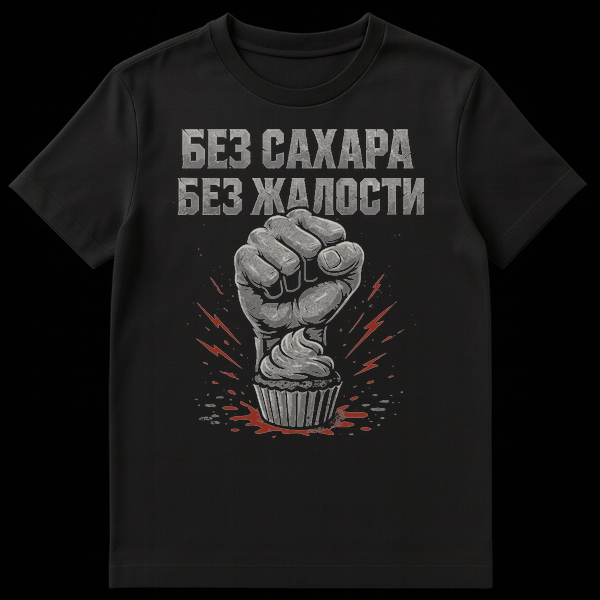 Grey t-shirt with a design of a clenched grey fist crushing a cupcake with red splatter, featuring the Russian text 'NO SUGAR NO MERCY' in a distressed blocky font. on Black t-shirt