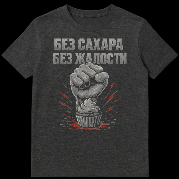 Grey t-shirt with a design of a clenched grey fist crushing a cupcake with red splatter, featuring the Russian text 'NO SUGAR NO MERCY' in a distressed blocky font. on Dark Heather t-shirt