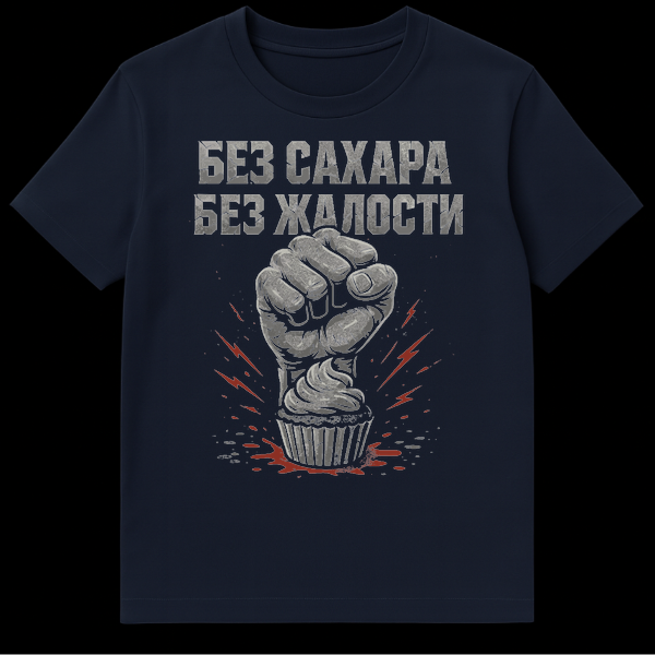Grey t-shirt with a design of a clenched grey fist crushing a cupcake with red splatter, featuring the Russian text 'NO SUGAR NO MERCY' in a distressed blocky font. on Navy Blue t-shirt