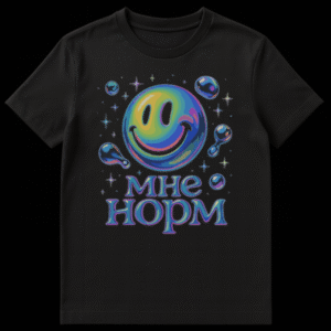 Black t-shirt featuring a large, iridescent oil-slick smiley face, surrounded by small bubbles and stars. Below, the text 'MNE NORM' in glossy, colorful, bubbly font. on Black t-shirt
