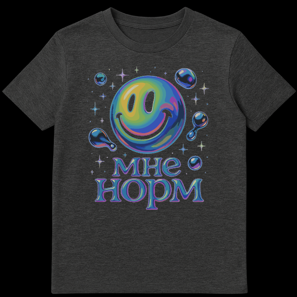 Black t-shirt featuring a large, iridescent oil-slick smiley face, surrounded by small bubbles and stars. Below, the text 'MNE NORM' in glossy, colorful, bubbly font. on Dark Heather t-shirt