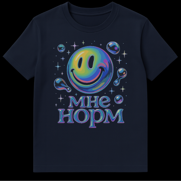 Black t-shirt featuring a large, iridescent oil-slick smiley face, surrounded by small bubbles and stars. Below, the text 'MNE NORM' in glossy, colorful, bubbly font. on Navy Blue t-shirt