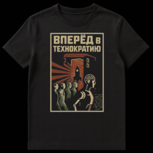 Retro-futuristic pixel-art t-shirt with a cyborg leading people towards a launching rocket and futuristic building, featuring the Russian slogan 'Forward to Technocracy' in black, dark red, and beige. on Black t-shirt