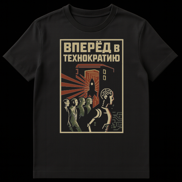 Retro-futuristic pixel-art t-shirt with a cyborg leading people towards a launching rocket and futuristic building, featuring the Russian slogan 'Forward to Technocracy' in black, dark red, and beige. on Black t-shirt