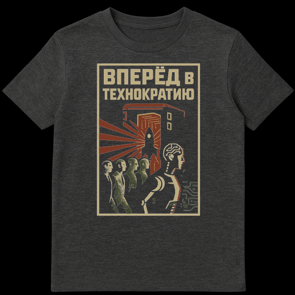 Retro-futuristic pixel-art t-shirt with a cyborg leading people towards a launching rocket and futuristic building, featuring the Russian slogan 'Forward to Technocracy' in black, dark red, and beige. on Dark Heather t-shirt