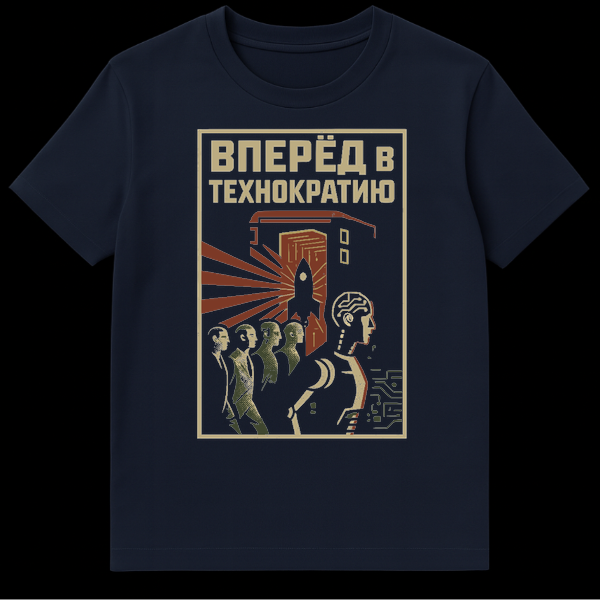 Retro-futuristic pixel-art t-shirt with a cyborg leading people towards a launching rocket and futuristic building, featuring the Russian slogan 'Forward to Technocracy' in black, dark red, and beige. on Navy Blue t-shirt