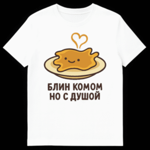 T-shirt featuring a cute, blob-like pancake character with a happy face on a plate with heart-shaped steam and Russian text "БЛИН КОМОМ НО С ДУШОЙ" below. on White t-shirt