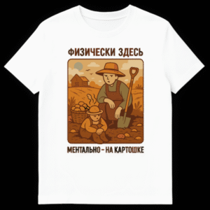 Vintage-style Russian t-shirt with two tired farmers in a potato field, barn in background, and text 'Physically here / Mentally - on potatoes'. on White t-shirt