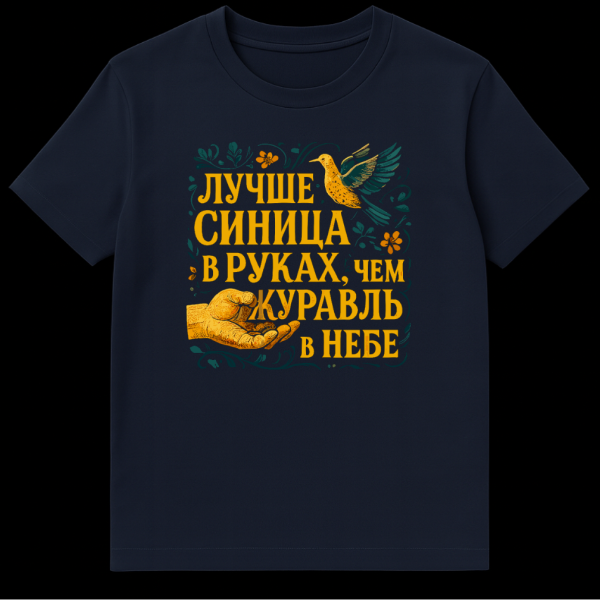 Close-up of a t-shirt featuring a vintage folk art illustration of an open hand holding a small yellow titmouse bird, framed by teal floral vines and the Russian proverb 'ЛУЧШЕ СИНИЦА В РУКАХ, ЧЕМ ЖУРАВЛЬ В НЕБЕ' against a warm color palette on a grey background. on navy blue t-shirt